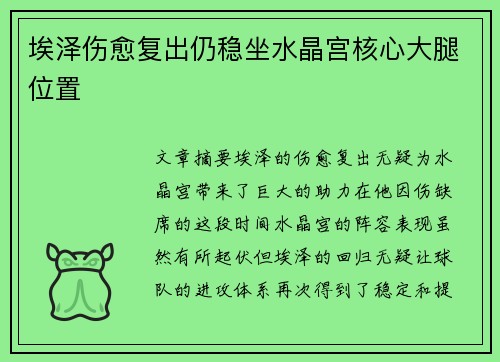 埃泽伤愈复出仍稳坐水晶宫核心大腿位置 埃泽伤愈复出仍稳坐水晶宫核心大腿位置